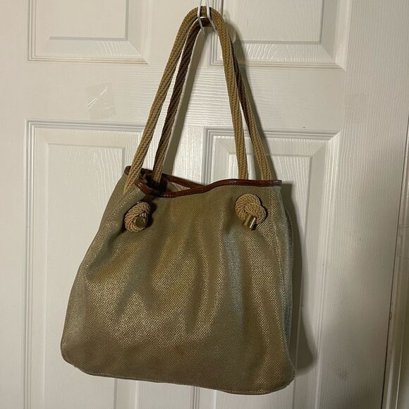 MICHAEL Michael Kors Metallic Khaki /Brown Canvas and Leather Medium Isla Tote - Picture 1 of 16